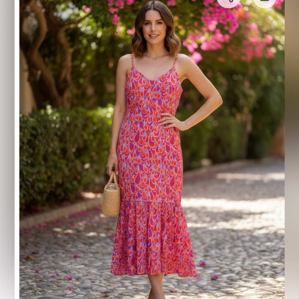 VILA Vibrant Pink and Orange Midi Dress